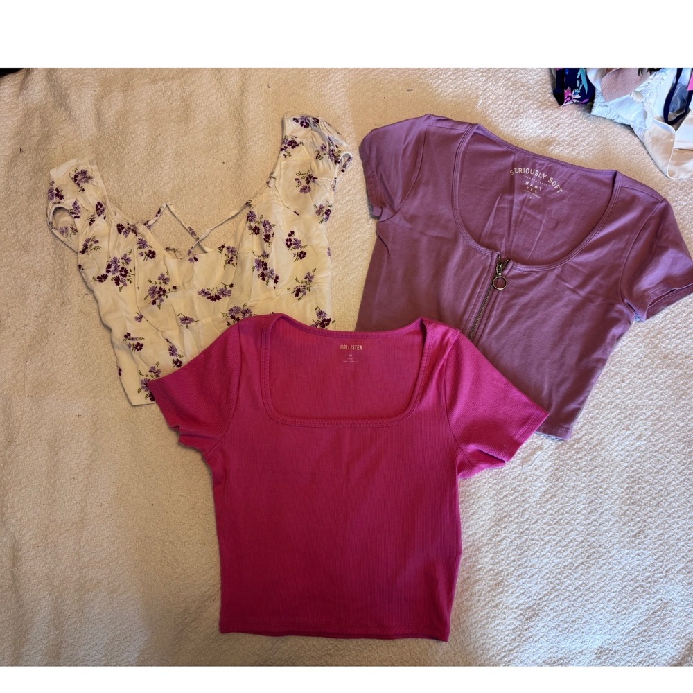 Hollister Aeropostale Crop Top Bundle Pink Ribbed Purple Zip Floral Milkmaid M